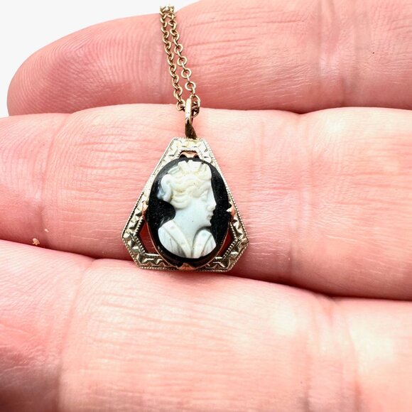 Vintage 10K Gold Womens Necklace Rose & White Gold Cameo Pendant 14 Inch Chain - Picture 2 of 6